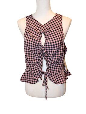 TopShop NWT Pink & Black Gingham Sleeveless Ruched Peplum Blouse, Size 10
